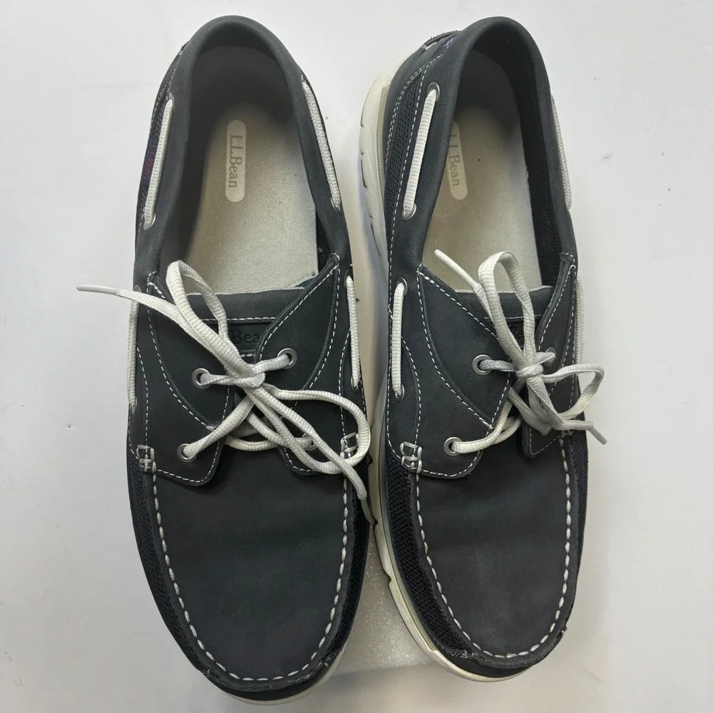 L.L.Bean Portlander Free Flex Boat Shoes 11.5 Navy Gray Leather Mesh Nautical